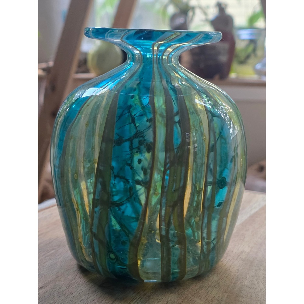 Vintage Mdina Glass Vase 1970s Malta Turquoise Blue Tiger Stripe Art Glass